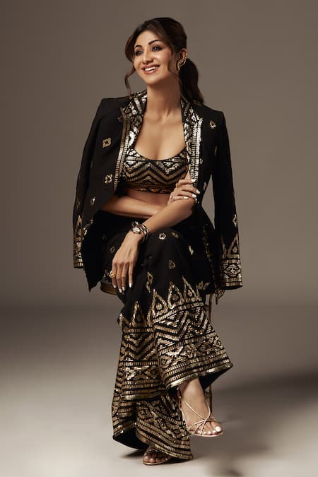 Shop_Gopi Vaid_Black Cotton, Silk Sequins, Mirrors Marrakesh Embroidered Blazer Sharara Set 