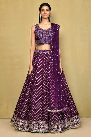 Buy_Samyukta Singhania_Purple Silk, Net, Brocade Mirrors, Sequins, Embroidery Chevron Woven Lehenga Set_Online_at_Aza_Fashions