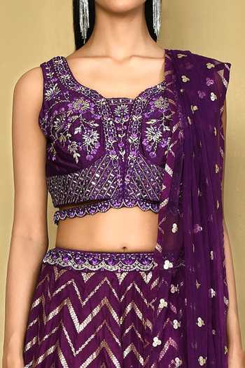 Shop_Samyukta Singhania_Purple Silk, Net, Brocade Mirrors, Sequins, Embroidery Chevron Woven Lehenga Set_Online_at_Aza_Fashions