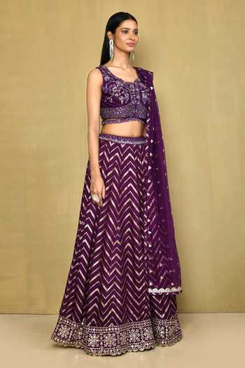 Samyukta Singhania_Purple Silk, Net, Brocade Mirrors, Sequins, Embroidery Chevron Woven Lehenga Set_at_Aza_Fashions