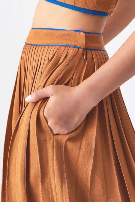 Shop Cross A Line Brown Handloom Cotton Deborah Pleated Skirt Online at Aza Fashions Shop_Cross A Line_Brown Handloom Cotton Deborah Pleated Skirt _Online_at_Aza_Fashions
