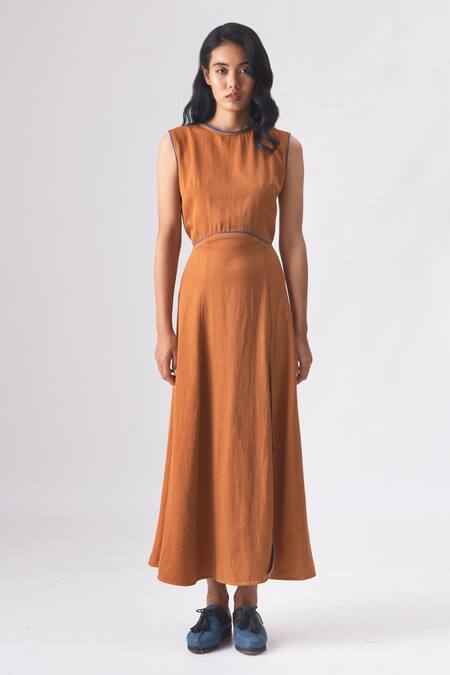Cross A Line_Brown Cotton, Linen Round Neck Delaney Side Slit Dress _Online_at_Aza_Fashions