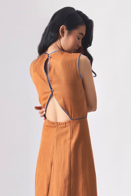 Buy_Cross A Line_Brown Cotton, Linen Round Neck Delaney Side Slit Dress _Online_at_Aza_Fashions