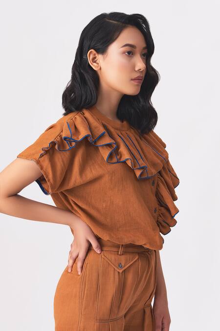 Cross A Line_Brown Handloom Cotton Bandeau Neck Dorothy Frilled Trim Shirt _Online_at_Aza_Fashions