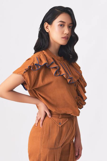 Buy_Cross A Line_Brown Handloom Cotton Bandeau Neck Dorothy Frilled Trim Shirt _Online_at_Aza_Fashions