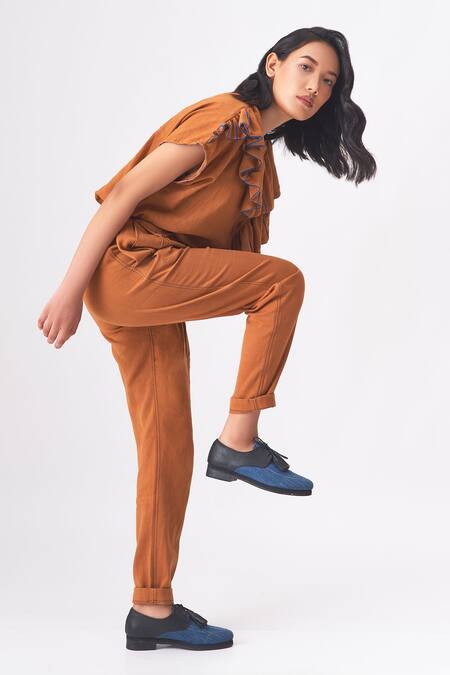 Shop_Cross A Line_Brown Handloom Cotton Bandeau Neck Dorothy Frilled Trim Shirt _Online_at_Aza_Fashions