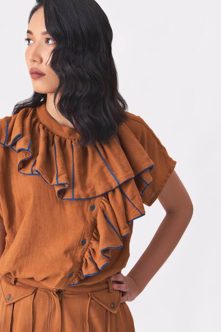 Cross A Line_Brown Handloom Cotton Bandeau Neck Dorothy Frilled Trim Shirt _at_Aza_Fashions