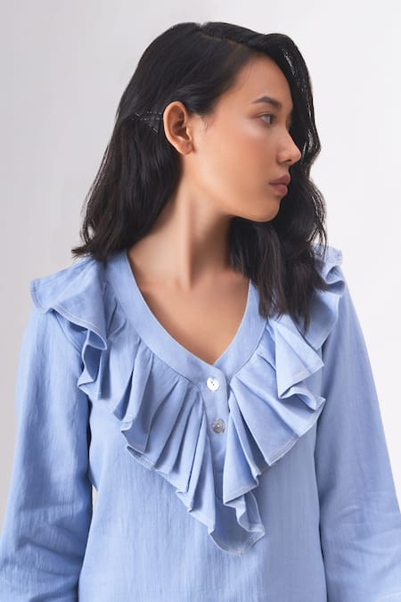Buy Cross A Line Blue Cotton, Linen V-neck Fiona Ruffle Dress Online at Aza Fashions Buy_Cross A Line_Blue Cotton, Linen V-neck Fiona Ruffle Dress _Online_at_Aza_Fashions