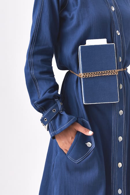 Cross A Line_Blue Cotton, Linen Chains Round Neck Kelly Solid Dress _Online_at_Aza_Fashions