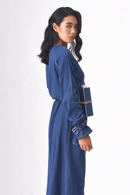 Buy_Cross A Line_Blue Cotton, Linen Chains Round Neck Kelly Solid Dress _Online_at_Aza_Fashions