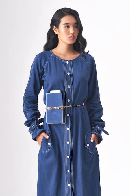 Shop_Cross A Line_Blue Cotton, Linen Chains Round Neck Kelly Solid Dress _Online_at_Aza_Fashions