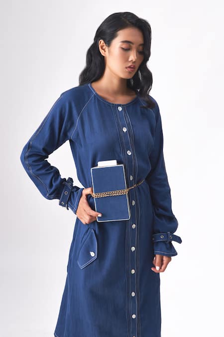 Cross A Line_Blue Cotton, Linen Chains Round Neck Kelly Solid Dress _at_Aza_Fashions