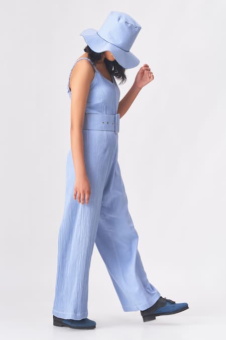 Cross A Line_Blue Cotton V-neck Nora Textured Jumpsuit _Online_at_Aza_Fashions