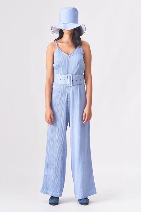 Shop_Cross A Line_Blue Cotton V-neck Nora Textured Jumpsuit _Online_at_Aza_Fashions