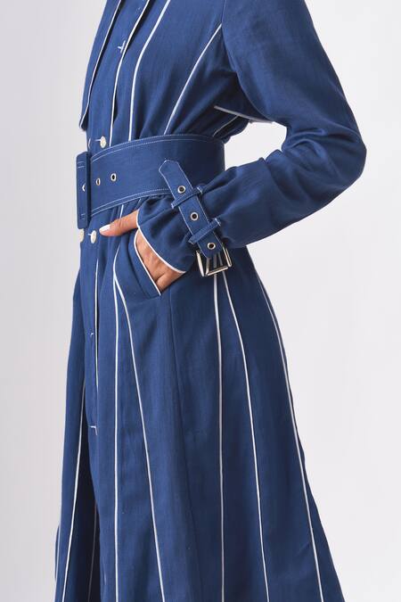 Cross A Line_Blue Cotton, Linen Round Neck Priscillia Trench Dress _Online_at_Aza_Fashions