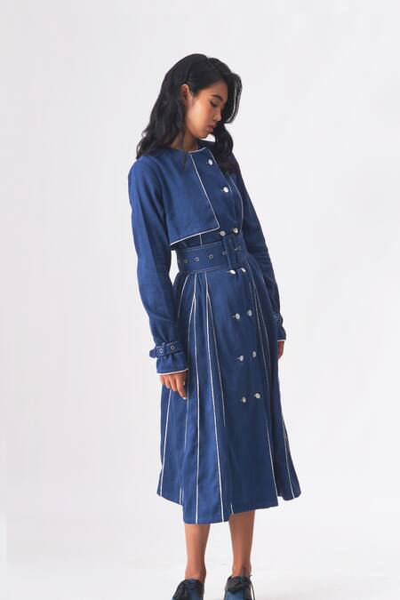 Buy_Cross A Line_Blue Cotton, Linen Round Neck Priscillia Trench Dress _Online_at_Aza_Fashions