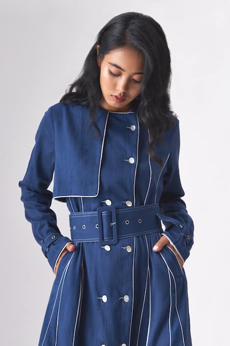 Shop_Cross A Line_Blue Cotton, Linen Round Neck Priscillia Trench Dress _Online_at_Aza_Fashions