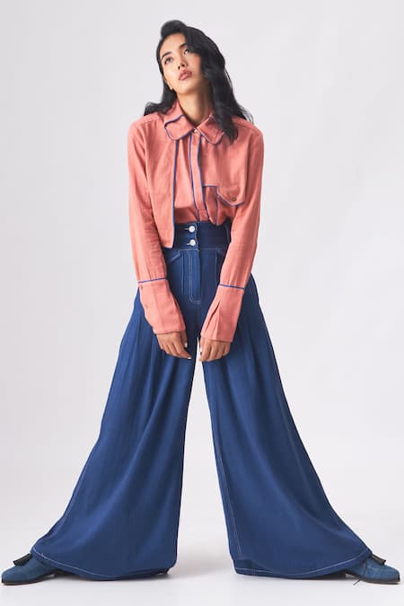 Cross A Line Pink Cotton, Linen Collared Stella Front Flap Shirt Online at Aza Fashions Cross A Line_Pink Cotton, Linen Collared Stella Front Flap Shirt _Online_at_Aza_Fashions