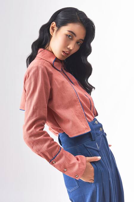 Buy Cross A Line Pink Cotton, Linen Collared Stella Front Flap Shirt Online at Aza Fashions Buy_Cross A Line_Pink Cotton, Linen Collared Stella Front Flap Shirt _Online_at_Aza_Fashions