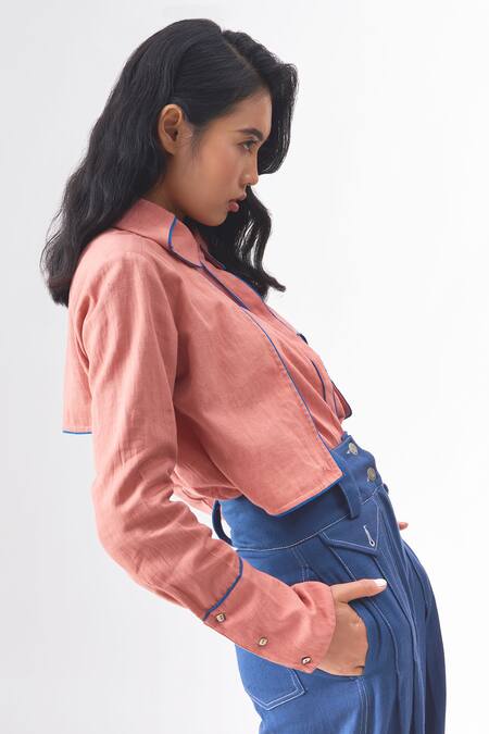 Shop Cross A Line Pink Cotton, Linen Collared Stella Front Flap Shirt Online at Aza Fashions Shop_Cross A Line_Pink Cotton, Linen Collared Stella Front Flap Shirt _Online_at_Aza_Fashions