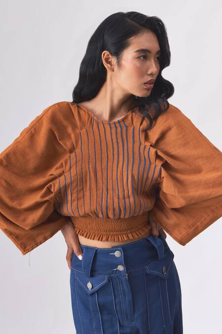 Cross A Line_Brown Cotton, Linen Round Neck Tale Piping Pattern Top _Online_at_Aza_Fashions