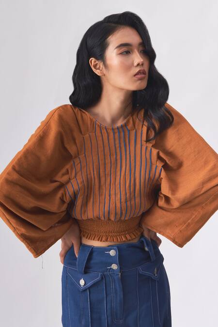 Buy_Cross A Line_Brown Cotton, Linen Round Neck Tale Piping Pattern Top _Online_at_Aza_Fashions