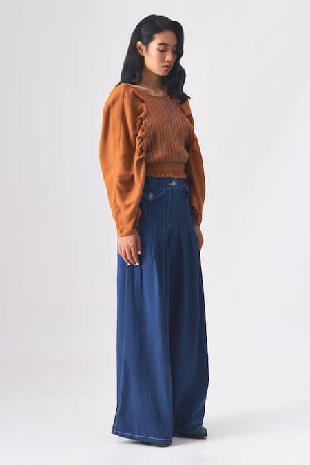 Shop_Cross A Line_Brown Cotton, Linen Round Neck Tale Piping Pattern Top _Online_at_Aza_Fashions
