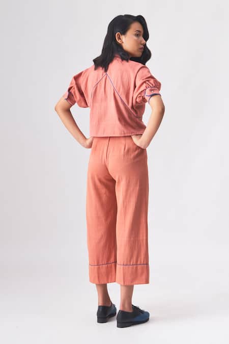 Shop Cross A Line Pink Spun Woven Cotton Twill Solid Teagan Trouser at Aza Fashions Shop_Cross A Line_Pink Spun Woven Cotton Twill Solid Teagan Trouser _at_Aza_Fashions