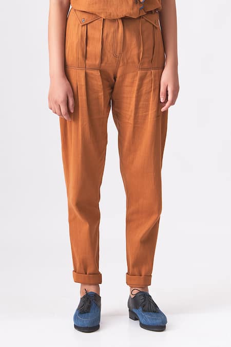 Buy_Cross A Line_Brown Cotton, Linen Tenley Solid Trouser _Online_at_Aza_Fashions