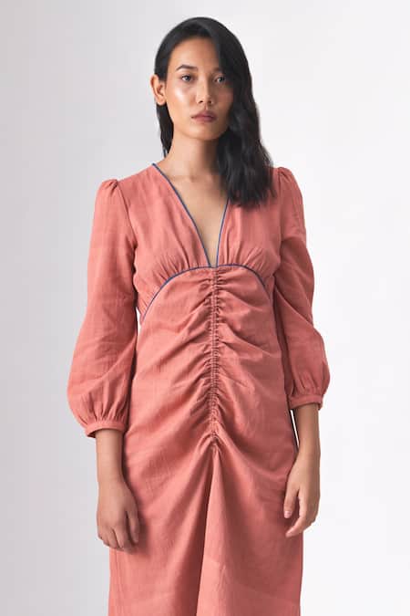 Cross A Line_Pink Cotton, Linen V-neck Tenzin Ruched Dress _Online_at_Aza_Fashions