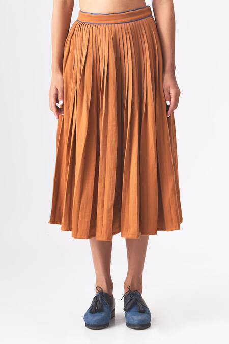Cross A Line_Brown , Handloom Open Neck Tess Pleated Crop Top With Skirt _Online_at_Aza_Fashions