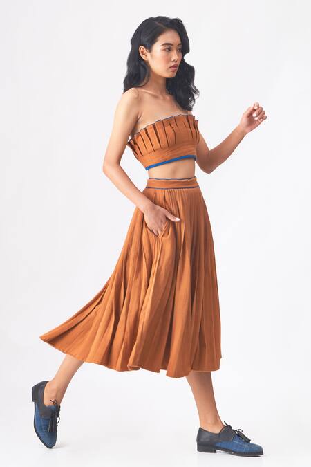 Buy_Cross A Line_Brown , Handloom Open Neck Tess Pleated Crop Top With Skirt _Online_at_Aza_Fashions