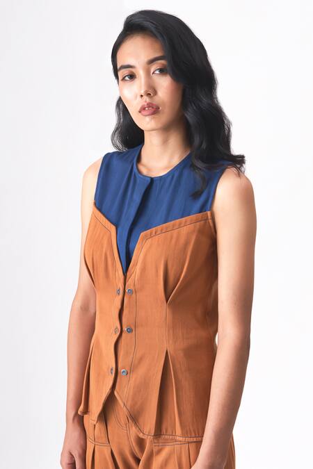 Cross A Line_Brown Handloom Cotton Round Neck Tessie Box Pleat Top _Online_at_Aza_Fashions