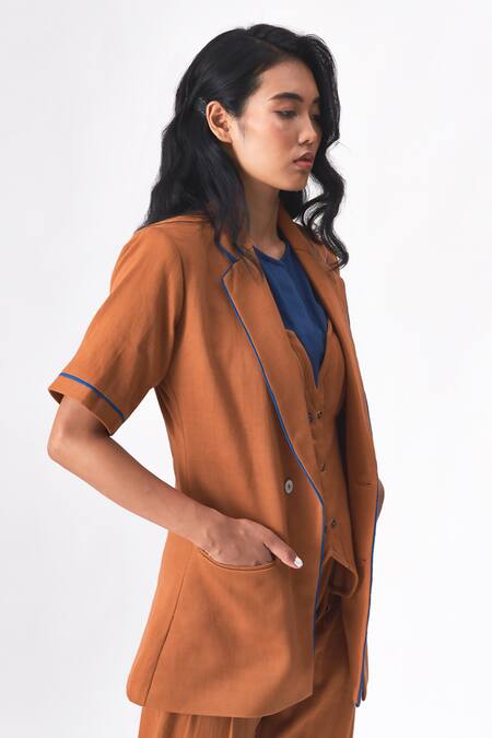 Cross A Line_Brown Cotton, Linen Thea Layered Panel Blazer _Online_at_Aza_Fashions