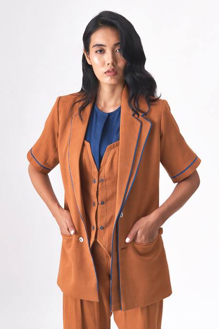 Shop_Cross A Line_Brown Cotton, Linen Thea Layered Panel Blazer _Online_at_Aza_Fashions