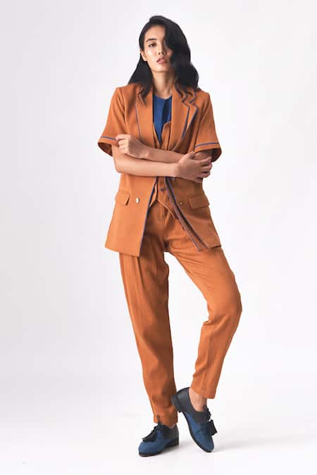 Cross A Line_Brown Cotton, Linen Thea Layered Panel Blazer _at_Aza_Fashions