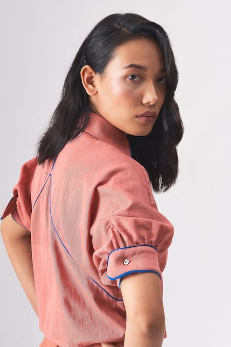 Buy_Cross A Line_Pink Handloom Cotton Collared Tracy Shirt _Online_at_Aza_Fashions