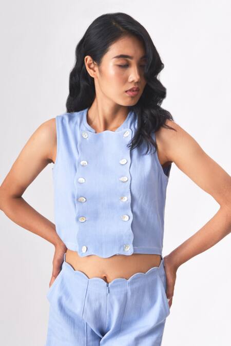 Shop_Cross A Line_Blue Cotton Beads Round Neck Yusra High-low Top With Shorts _Online_at_Aza_Fashions