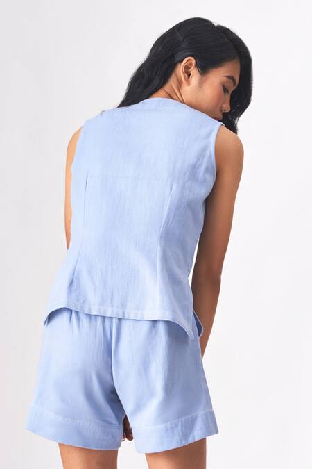 Cross A Line_Blue Cotton Beads Round Neck Yusra High-low Top With Shorts _at_Aza_Fashions