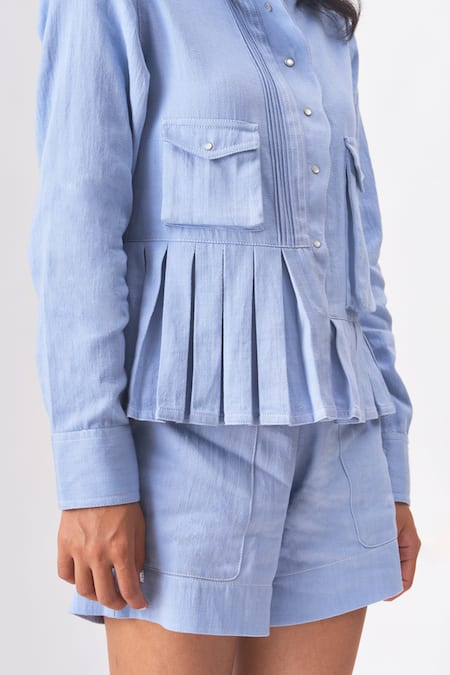 Cross A Line_Blue Cotton, Linen High Neck Yvette Pleated Hem Shirt _Online_at_Aza_Fashions