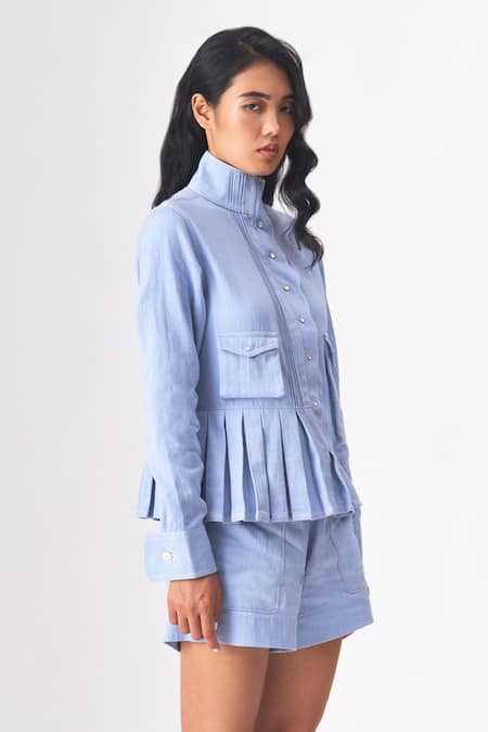 Buy_Cross A Line_Blue Cotton, Linen High Neck Yvette Pleated Hem Shirt _Online_at_Aza_Fashions