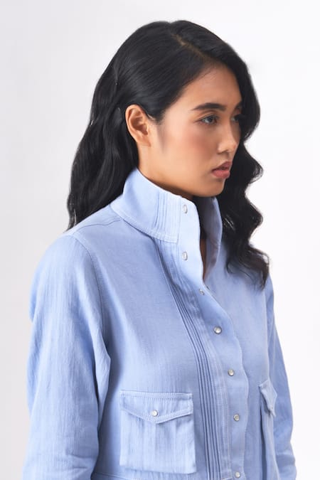 Shop_Cross A Line_Blue Cotton, Linen High Neck Yvette Pleated Hem Shirt _Online_at_Aza_Fashions