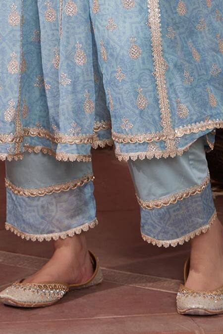 Mulmul_Blue 100% Pure Mulmul Embroidered Gota Vamsi Anarkali And Pant Set _Online_at_Aza_Fashions