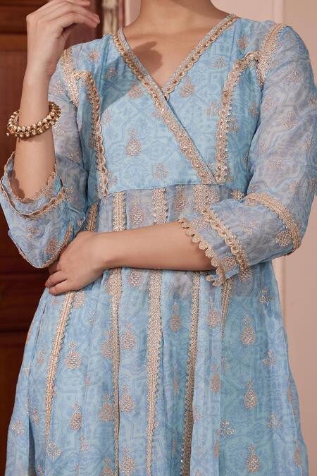 Buy_Mulmul_Blue 100% Pure Mulmul Embroidered Gota Vamsi Anarkali And Pant Set _Online_at_Aza_Fashions