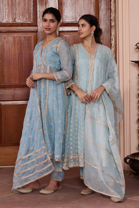 Shop_Mulmul_Blue 100% Pure Mulmul Embroidered Gota Vamsi Anarkali And Pant Set _Online_at_Aza_Fashions