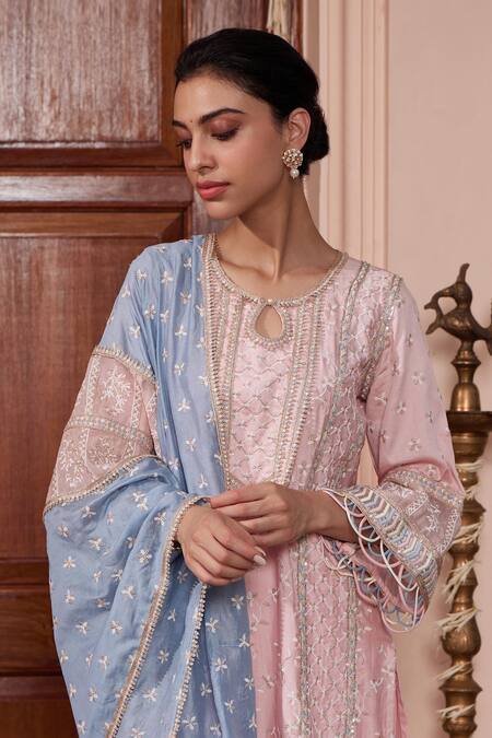 Mulmul Pink Cotton, Muslin, Chiffon Lace, Sequins, Zari, Thread Kurta Set With Dupatta at Aza Fashions Mulmul_Pink Cotton, Muslin, Chiffon Lace, Sequins, Zari, Thread Kurta Set With Dupatta_at_Aza_Fashions