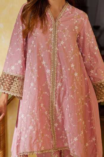 Buy_Mulmul_Pink 100% Pure Mulmul Embroidery Avira Kurta Set With Arfi Dupatta _Online_at_Aza_Fashions