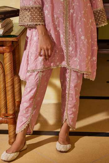 Shop_Mulmul_Pink 100% Pure Mulmul Embroidery Avira Kurta Set With Arfi Dupatta _Online_at_Aza_Fashions