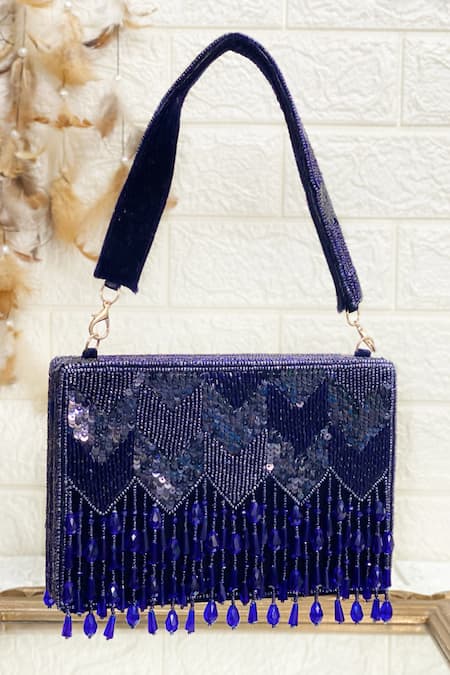 Kainiche by Mehak Blue Bead Embellished Box Bag 