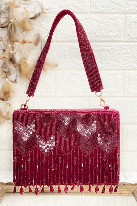 Kainiche by Mehak Maroon Bead Embellished Tasselled Box Bag
